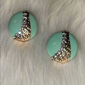 Mint Green Gold with Faux Paved Diamond Round Enamel Earrings with Post Backs